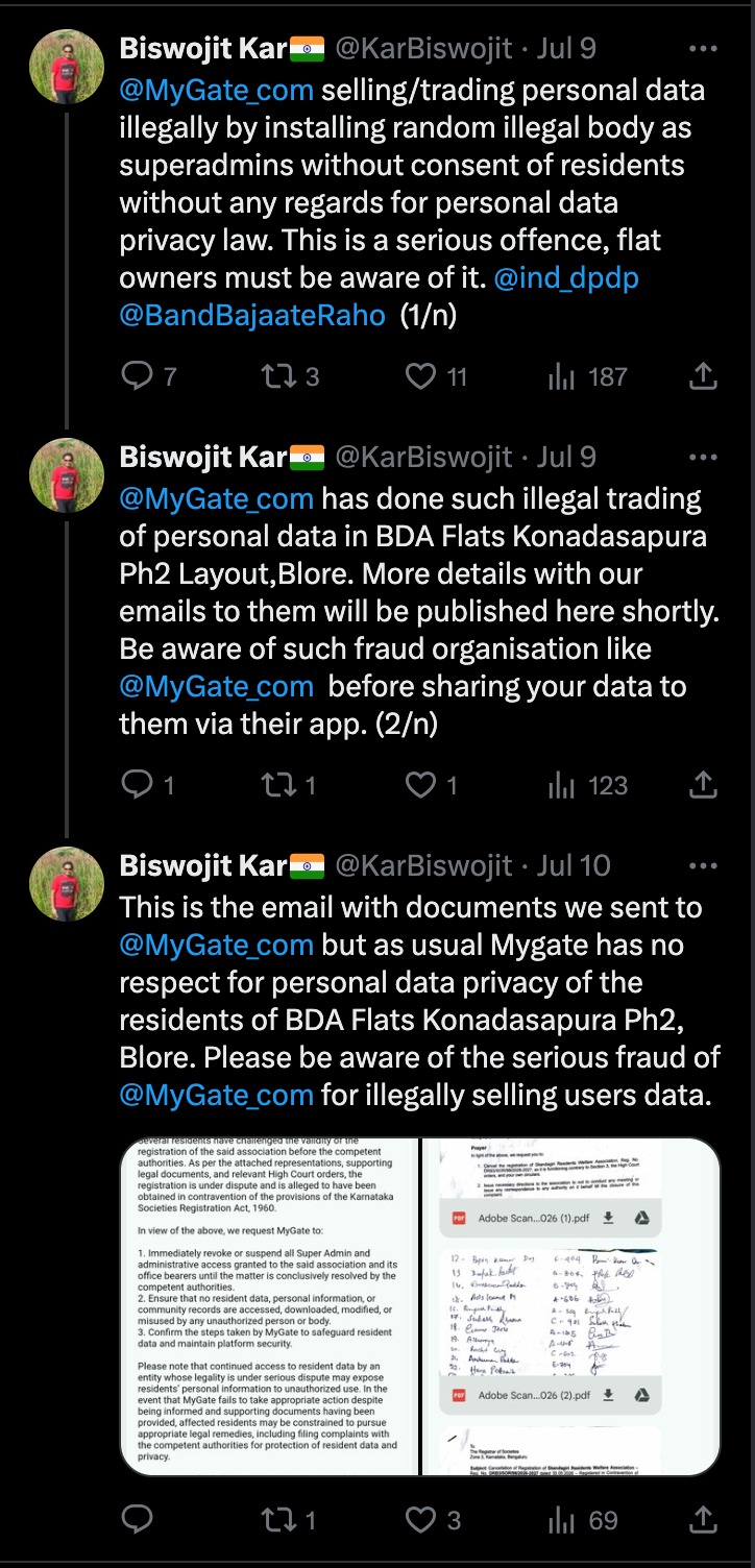 Social media complaint alleging MyGate illegally sells and trades personal resident data without consent